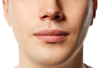 Cropped close up portrait of young man with well kept, shaved, well-groomed skin and full...