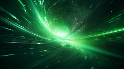 Abstract background with a tunnel of green energy magical light lines and stripes with waves....