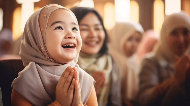 A little girl prays while covered in a veil, or hijab.