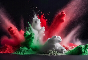 Caleidoscopio Tricolore- Vivaci Esplosioni di Polvere nei Colori Verde, Rosso e Bianco, con Sfondo Nero
