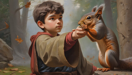 Gifted child  sorcerer  with squirrel. RPG character background story. Portrait