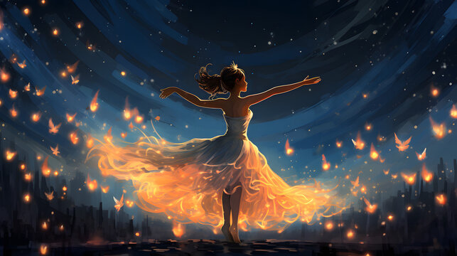 A ballerina dancing with fireflies