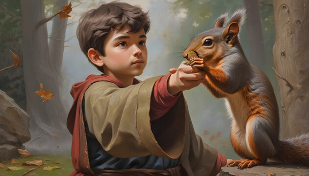 Gifted child  sorcerer  with squirrel. RPG character background story. Portrait