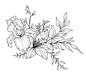 Wildflowers Line Drawing. Black and white Floral Bouquets. Flower Coloring Page. Floral Line Art. Fine Line Wildflowers illustration. Hand Drawn flowers. Botanical Coloring. Wedding invitation flowers