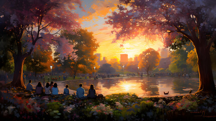 Beautiful painting showing sunset