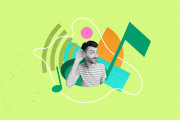 Photo sketch collage picture of curious funky guy looking hole listening music isolatedgreen color...
