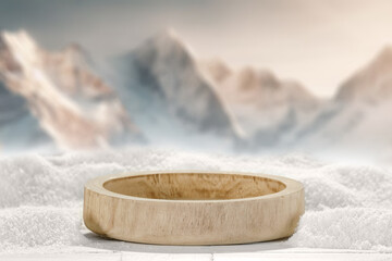 Board cover of snow and frost and worn old wooden pedestal. Mockup background space and cold...