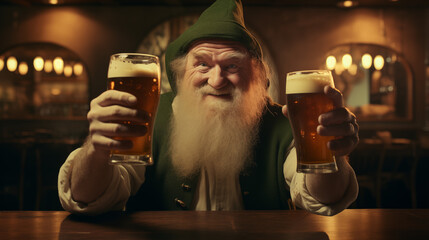 St Patricks Day pub party, celebrating, leprechaun holding glass of beer. Smiling