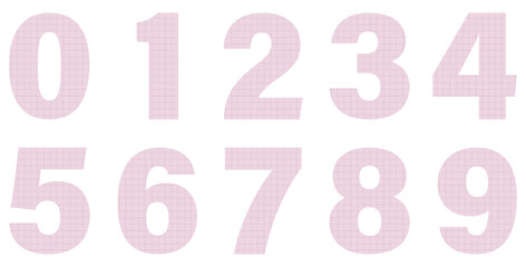 Set of pink paper numbers isolated on white. Paper from a notebook in a cell. Alphabet. Vector graphic elements for design
