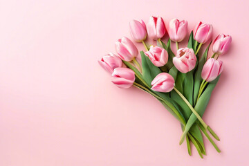 Bouquet of pink tulips flowers on pastel pink background. Valentine's Day