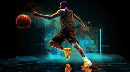 Digital illustration of basketball player in abstract background with glowing particles and lines - obrazy, fototapety, plakaty