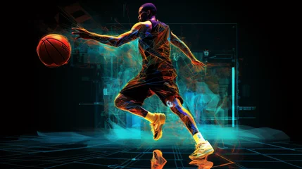 Fotobehang Digital illustration of basketball player in abstract background with glowing particles and lines © Argun Stock Photos