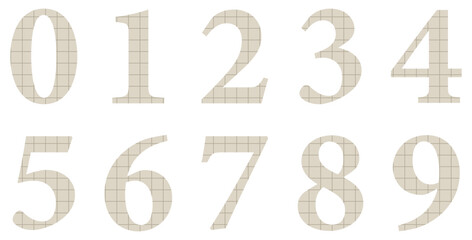 Set of brown paper numbers isolated on white. Paper from a notebook in a cell. Alphabet. Vector graphic elements for design