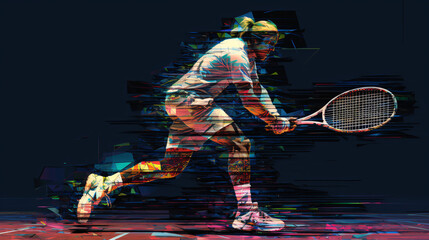 Tennis player with racket and ball. Digital illustration with glitch effect.