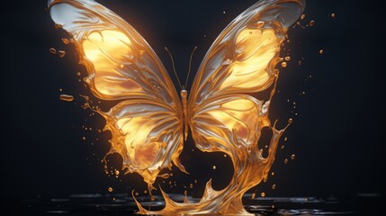 transparent marble butterfly made of flowing water and glowing gold embers