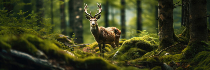 Wildlife panorama shot of a deer in a mossy forest on a calm overcast day © Robert Kneschke