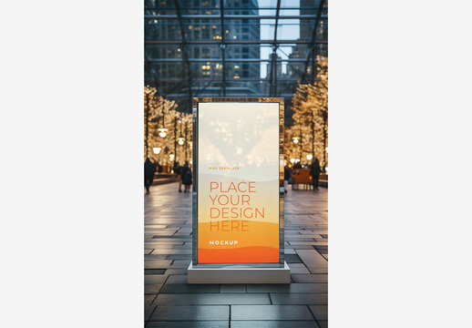 City Street Billboard Mockup Template with Large White Box, Lights, and People Walking at Night