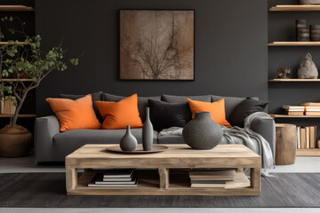 Farmhouse home interior design with this modern living room featuring rustic accents. A barn wood coffee table, grey sofa with terra cotta pillows, and a black wall adorned with shelves and posters.