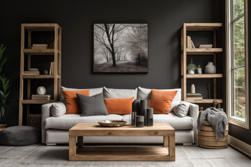 Farmhouse home interior design with this modern living room featuring rustic accents. A barn wood coffee table, grey sofa with terra cotta pillows, and a black wall adorned with shelves and posters.
