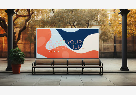 City Street Billboard Mockup Template with Bench, Large Screen, Columns, Planter, Potted Plant, Tree, and Square