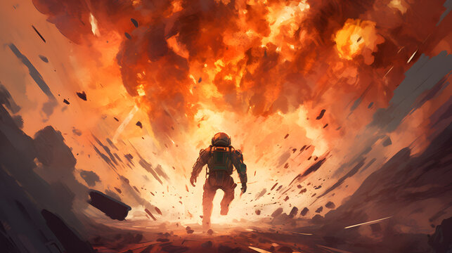 Futuristic soldier running away from giant explosion