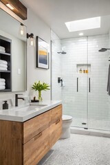 Modern primary bathroom with white subway wall tile, a floating single vanity, a frameless glass-enclosed shower, and wall-mount faucets.