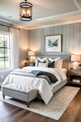 Modern farmhouse-inspired bedroom with hardwood floors, an upholstered bed frame, and bedside tables with ambient lighting.