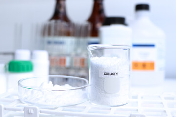collagen powder in chemical container , chemical in the laboratory and industry