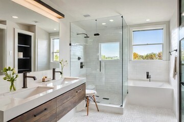 Modern primary bathroom with white subway wall tile, a floating single vanity, a frameless glass-enclosed shower, and wall-mount faucets. - obrazy, fototapety, plakaty
