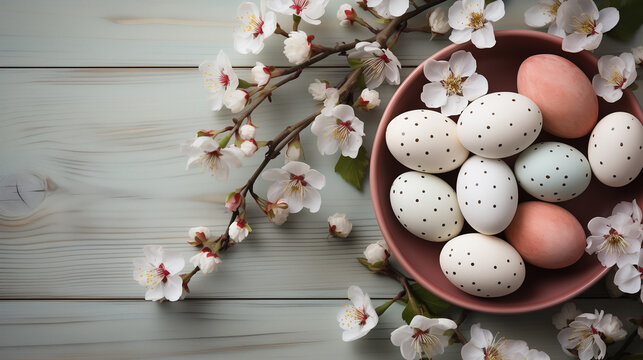 Decorative colored Easter eggs in the bowl and a branch of apple blossom on the wooden background. Concept of summer holidays