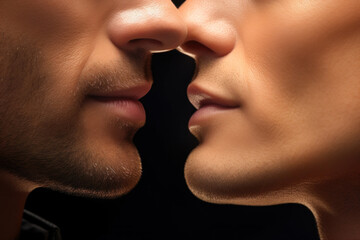 Close-up photo of a clean-shaven, fair-skinned European man's lips passionately meeting the lips of another, highlighting the beauty of their gay kiss.