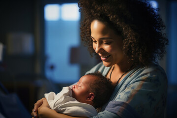 A new mom of biracial background and her newborn snuggled together in the hospital's delivery room, radiating the joy and connection of early motherhood - obrazy, fototapety, plakaty