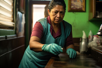 40-year-old Hispanic cleaner as she wipes dust from a shelf