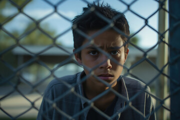 12-year-old Hispanic boy, tears in his eyes, as he seeks refuge on the playground, away from the bullies. The aggressors intentionally blurred, underlining the victim's emotional turmoil