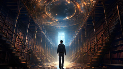 Man standing in a mysterious library - obrazy, fototapety, plakaty