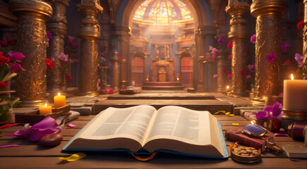An open Bible in a church - obrazy, fototapety, plakaty