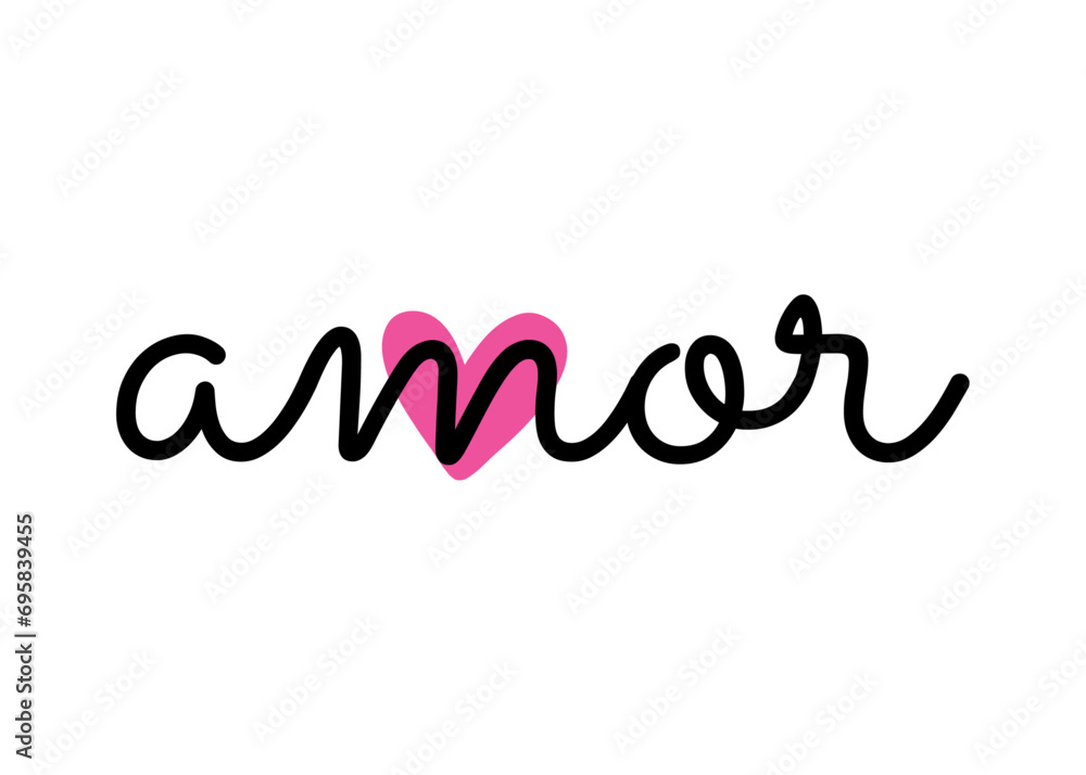 Wall mural Logo con palabra en texto manuscrito amor en español por encima de silueta de corazón para su uso en tarjetas y felicitaciones de San Valentín