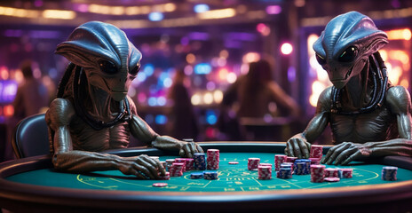Two aliens are playing in the casino - obrazy, fototapety, plakaty