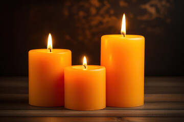 Fototapeta na wymiar orange candles on wood romantic atmosphere 