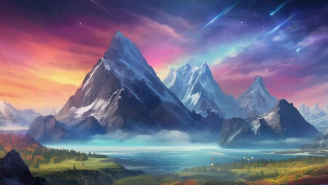 Fantasy landscape with majestic mountains and celestial bodies. 