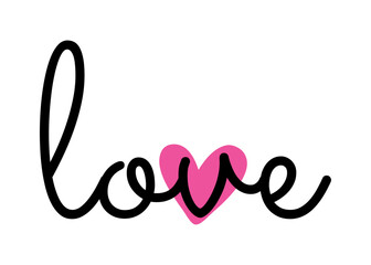 Logo con palabra en texto manuscrito love por encima de silueta de corazón para su uso en tarjetas y felicitaciones de San Valentín