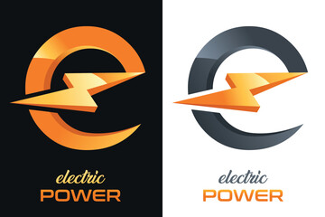 Elektrobetrieb, Elektroinstallateur, Umspannwerk, Elektrizität - E Logo mit Blitz - Firmenzeichen, Emblem - obrazy, fototapety, plakaty