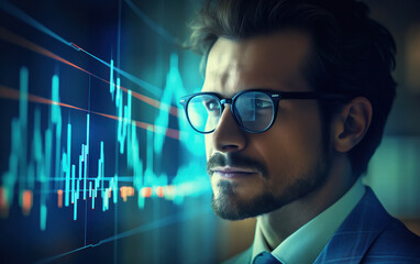 young businessman looking stock market graph screen
