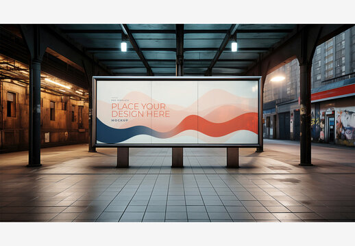 City Street Billboard Mockup Template: Nighttime Train Station with Sky Background, Passing Train, and People Walking by on Tracks