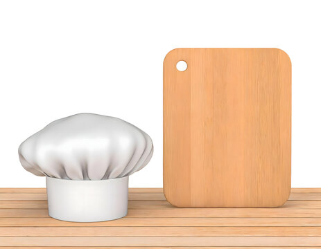 A chef's hat and a wooden board on a wooden table as a banner