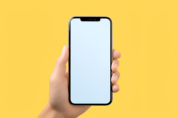 iPhone 15 Pro Max Studio Shot: Clipping Path, Blank Screen for Global Business Infographic on yellow background  Hand holding a smartphone.