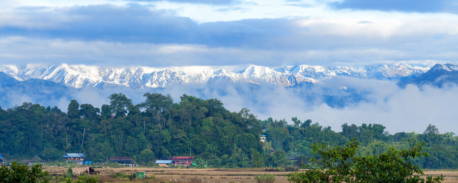 Panoramic View of Putao Landscape with Snowy Mountain Range, Myanmar