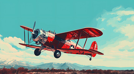 Red vintage plane flying in the blue sky - obrazy, fototapety, plakaty
