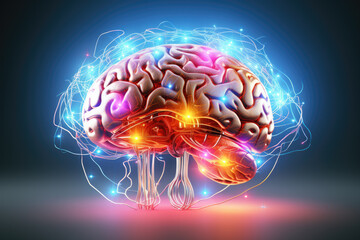 Human brain with digital neon elements - obrazy, fototapety, plakaty