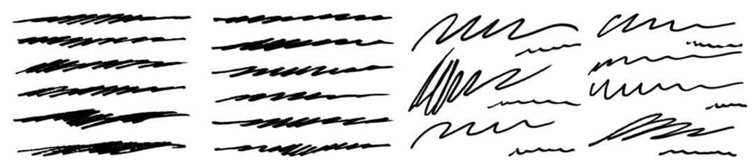 Scribble brush line vector strokes. Black paint hand drawn stripes, smears. Japanese calligraphy marker brushstrokes set. Rough grunge thick paint line texture. Vector sketch black scribble underlines - obrazy, fototapety, plakaty